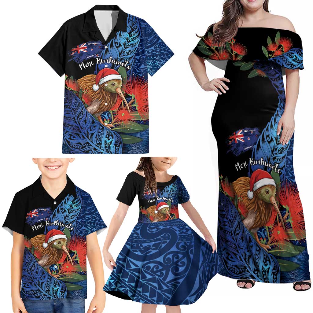 Personalised New Zealand Christmas Family Matching Off Shoulder Maxi Dress and Hawaiian Shirt Santa Kiwi Bird With Pohutukawa Flowers - Polynesian Pride