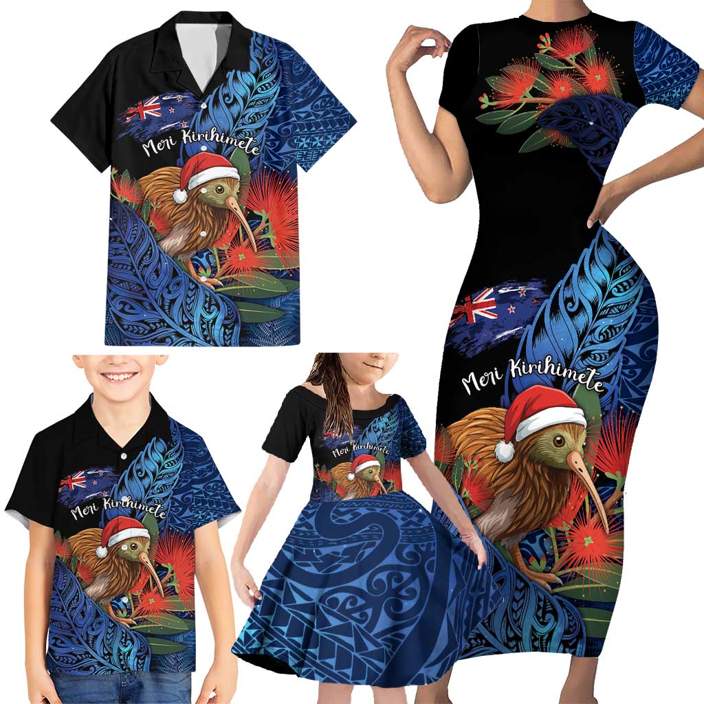 Personalised New Zealand Christmas Family Matching Short Sleeve Bodycon Dress and Hawaiian Shirt Santa Kiwi Bird With Pohutukawa Flowers - Polynesian Pride