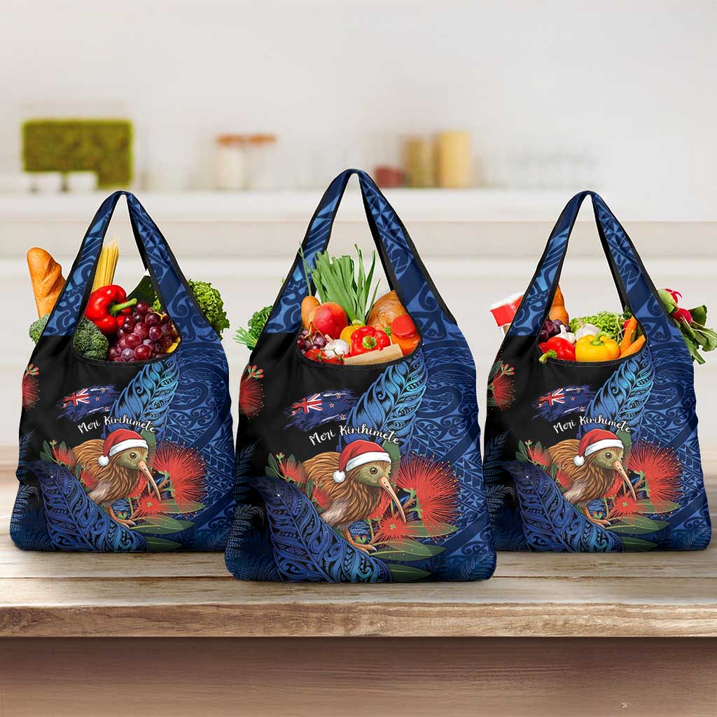 New Zealand Christmas Grocery Bag Santa Kiwi Bird With Pohutukawa Flowers - Polynesian Pride