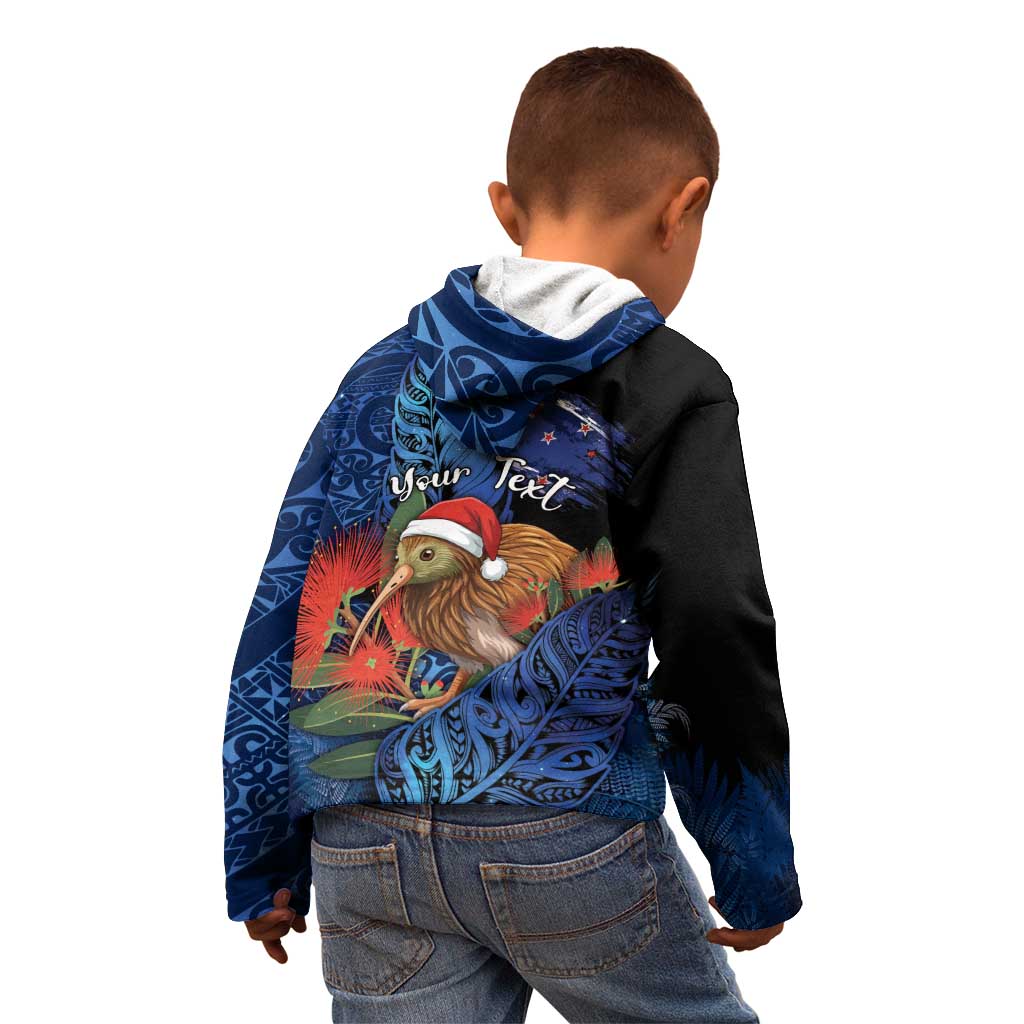 Personalised New Zealand Christmas Kid Hoodie Santa Kiwi Bird With Pohutukawa Flowers - Polynesian Pride