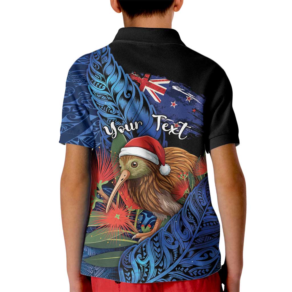 Personalised New Zealand Christmas Kid Polo Shirt Santa Kiwi Bird With Pohutukawa Flowers - Polynesian Pride