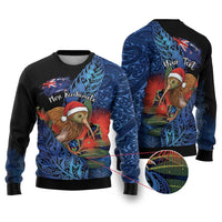 Personalised New Zealand Christmas Ugly Christmas Sweater Santa Kiwi Bird With Pohutukawa Flowers - Polynesian Pride