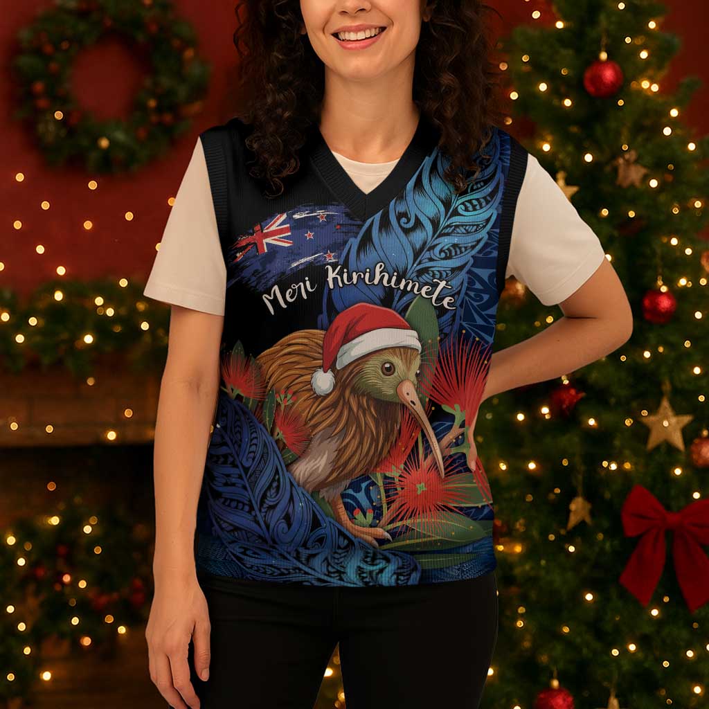 Personalised New Zealand Christmas Knitted V-Neck Vest Santa Kiwi Bird With Pohutukawa Flowers - Polynesian Pride