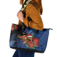 New Zealand Christmas Leather Tote Bag Santa Kiwi Bird With Pohutukawa Flowers - Polynesian Pride