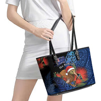 New Zealand Christmas Leather Tote Bag Santa Kiwi Bird With Pohutukawa Flowers - Polynesian Pride