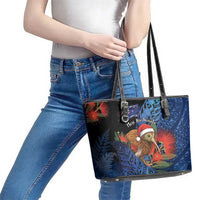 New Zealand Christmas Leather Tote Bag Santa Kiwi Bird With Pohutukawa Flowers - Polynesian Pride