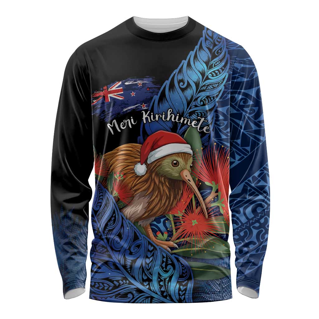 Personalised New Zealand Christmas Long Sleeve Shirt Santa Kiwi Bird With Pohutukawa Flowers - Polynesian Pride