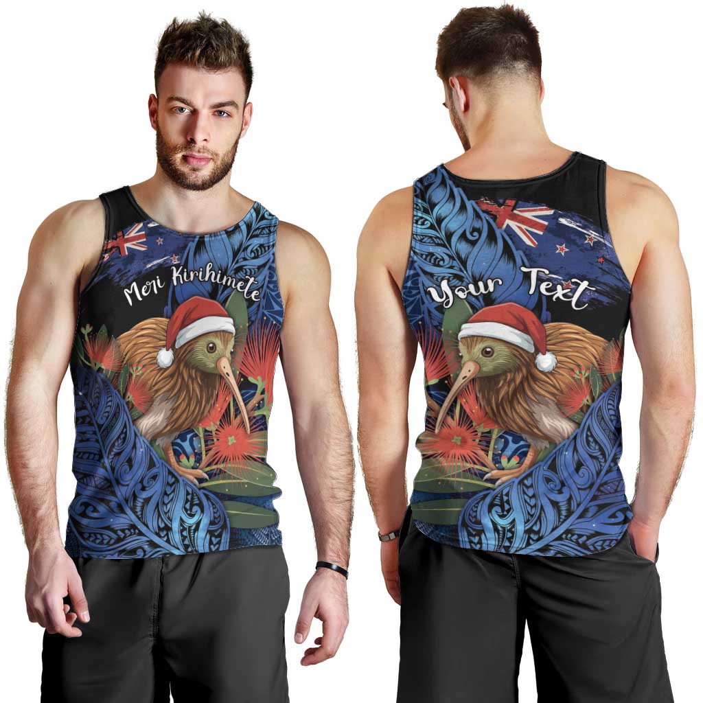 Personalised New Zealand Christmas Men Tank Top Santa Kiwi Bird With Pohutukawa Flowers - Polynesian Pride