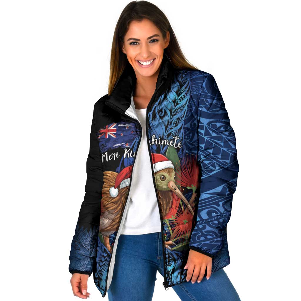 Personalised New Zealand Christmas Padded Jacket Santa Kiwi Bird With Pohutukawa Flowers - Polynesian Pride