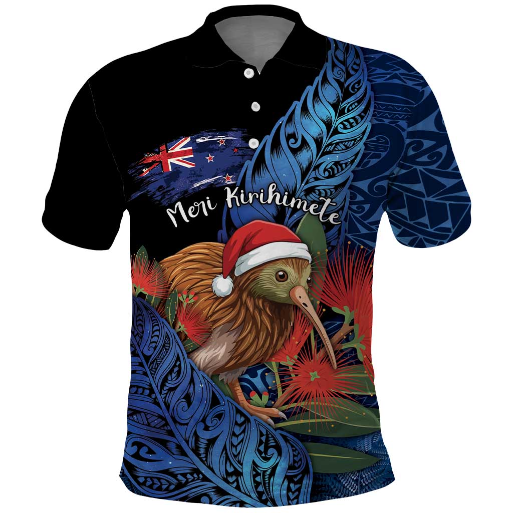 Personalised New Zealand Christmas Polo Shirt Santa Kiwi Bird With Pohutukawa Flowers - Polynesian Pride