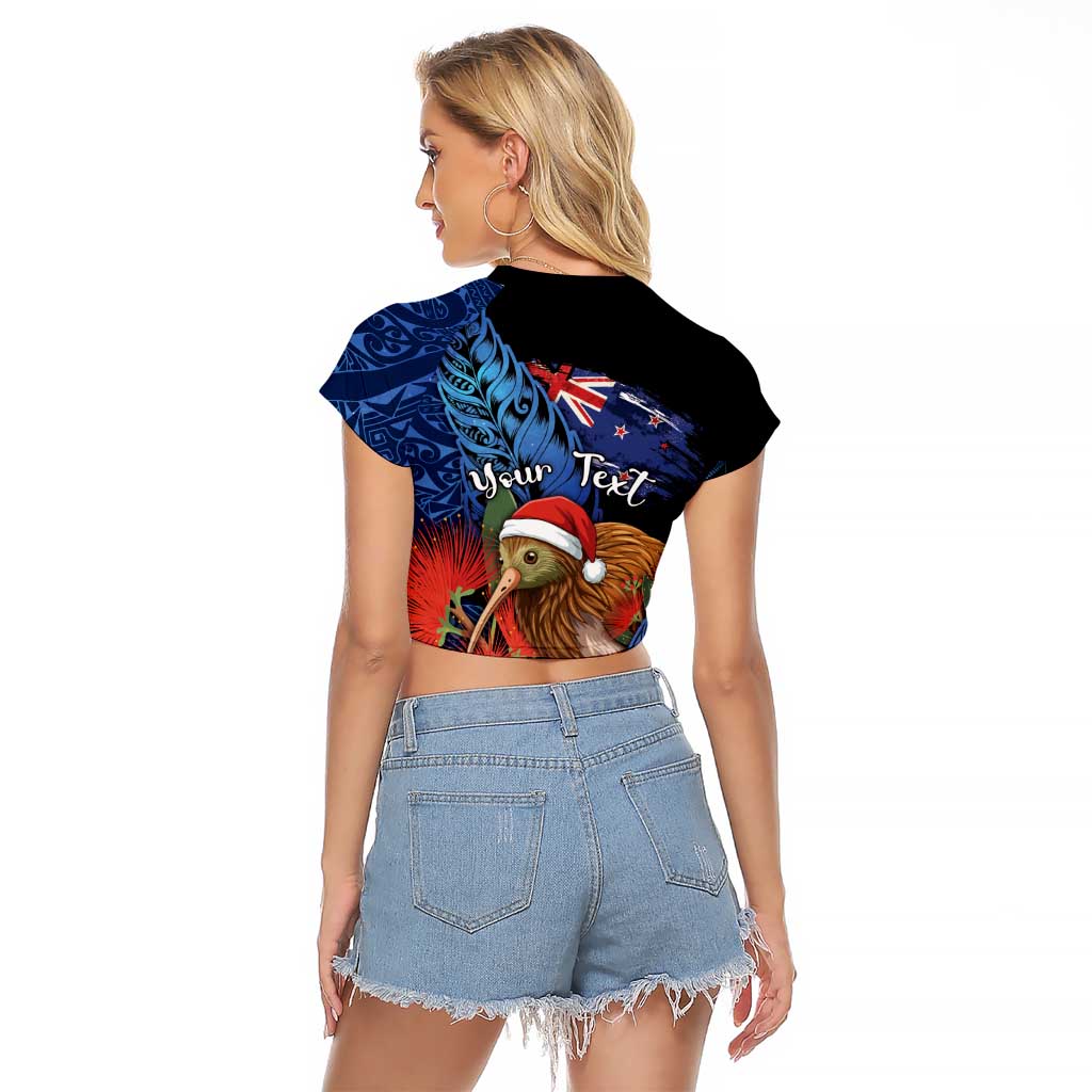 Personalised New Zealand Christmas Raglan Cropped T Shirt Santa Kiwi Bird With Pohutukawa Flowers - Polynesian Pride