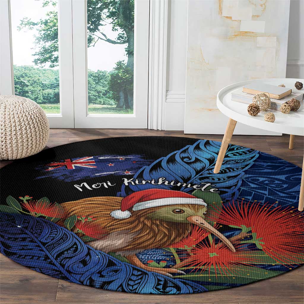 New Zealand Christmas Round Carpet Santa Kiwi Bird With Pohutukawa Flowers - Polynesian Pride