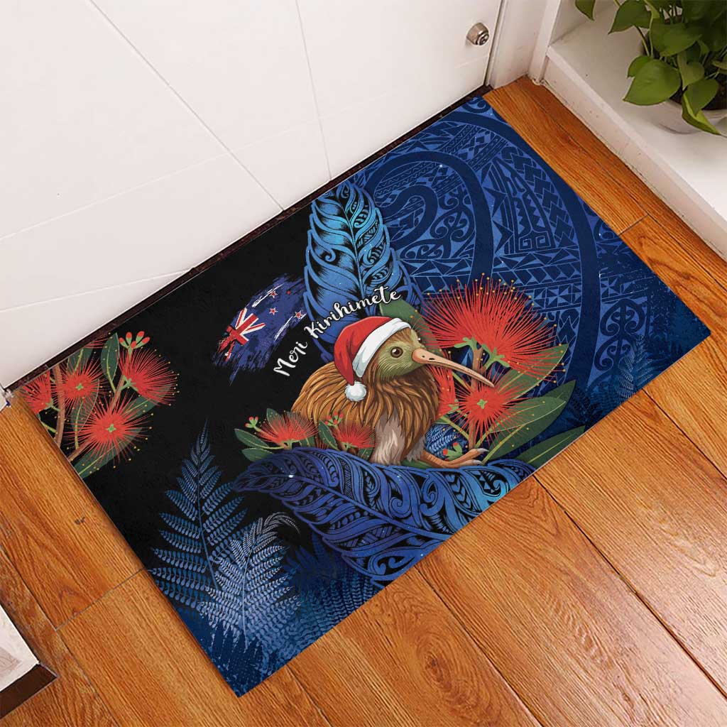 New Zealand Christmas Rubber Doormat Santa Kiwi Bird With Pohutukawa Flowers - Polynesian Pride