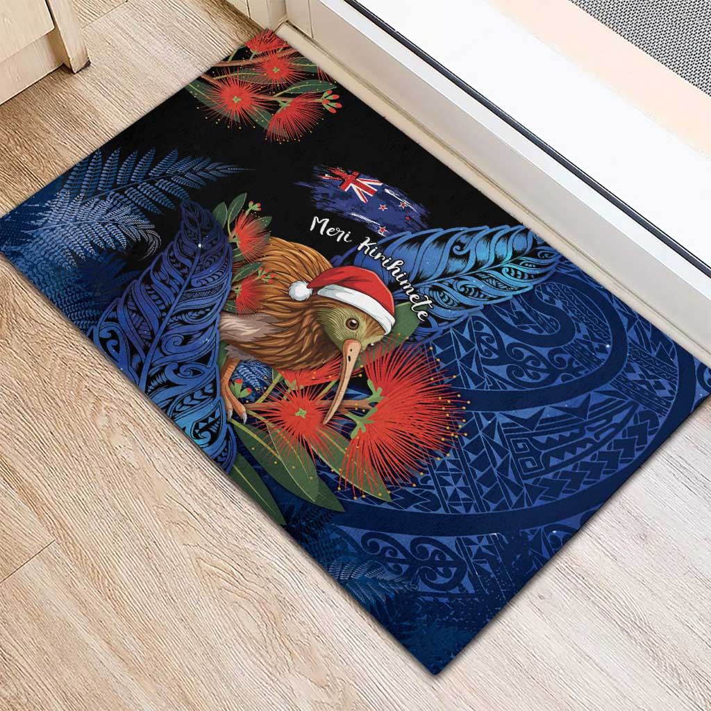 New Zealand Christmas Rubber Doormat Santa Kiwi Bird With Pohutukawa Flowers - Polynesian Pride