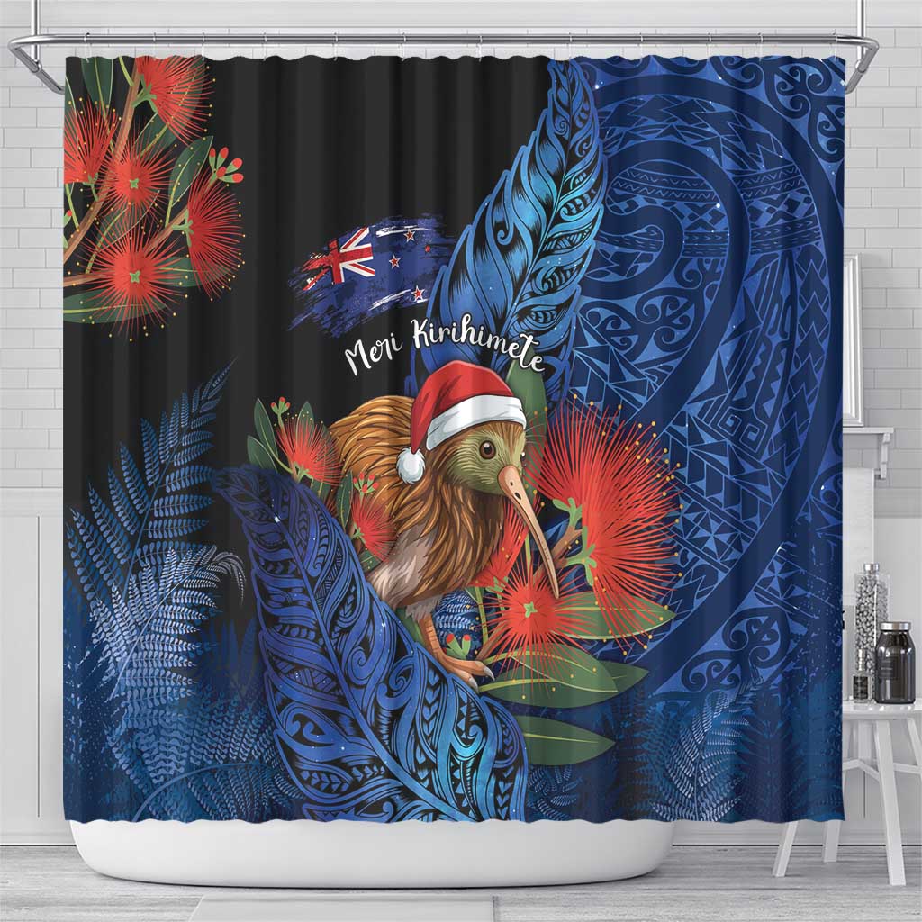 New Zealand Christmas Shower Curtain Santa Kiwi Bird With Pohutukawa Flowers - Polynesian Pride