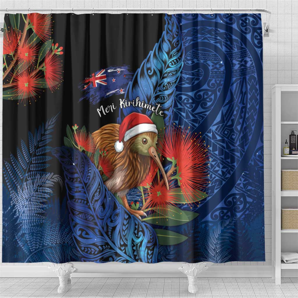 New Zealand Christmas Shower Curtain Santa Kiwi Bird With Pohutukawa Flowers - Polynesian Pride