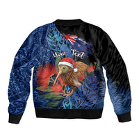 Personalised New Zealand Christmas Sleeve Zip Bomber Jacket Santa Kiwi Bird With Pohutukawa Flowers - Polynesian Pride