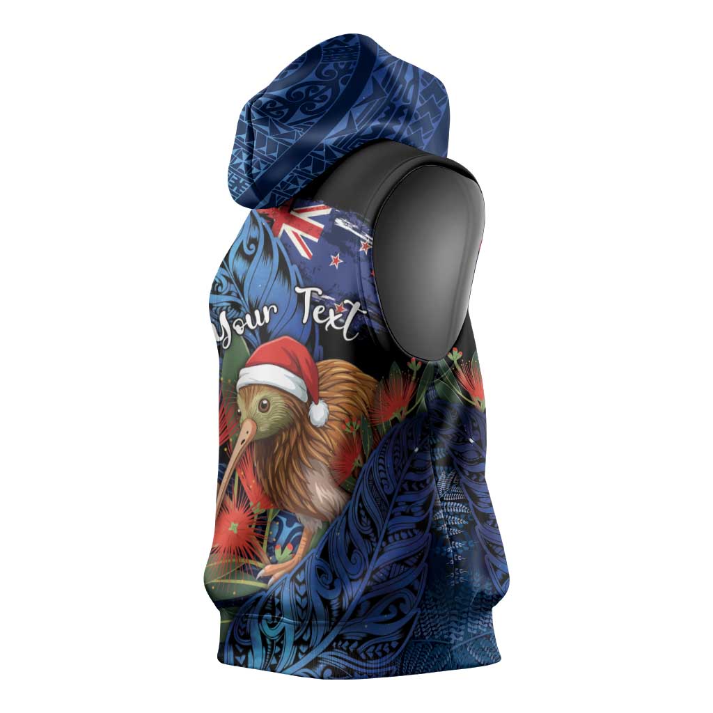 Personalised New Zealand Christmas Sleeveless Hoodie Santa Kiwi Bird With Pohutukawa Flowers - Polynesian Pride