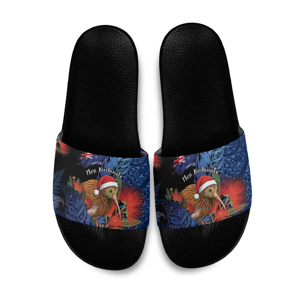 New Zealand Christmas Slide Sandals Santa Kiwi Bird With Pohutukawa Flowers - Polynesian Pride
