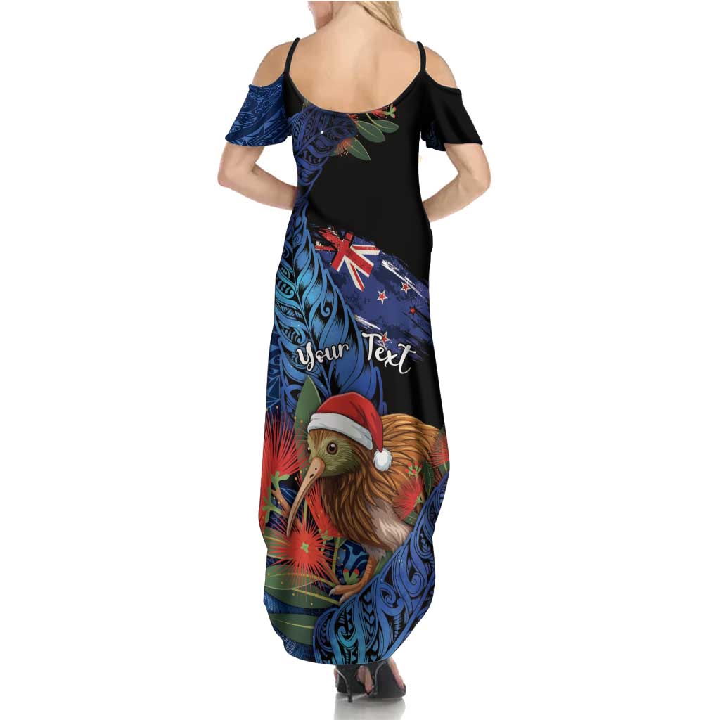 Personalised New Zealand Christmas Summer Maxi Dress Santa Kiwi Bird With Pohutukawa Flowers - Polynesian Pride