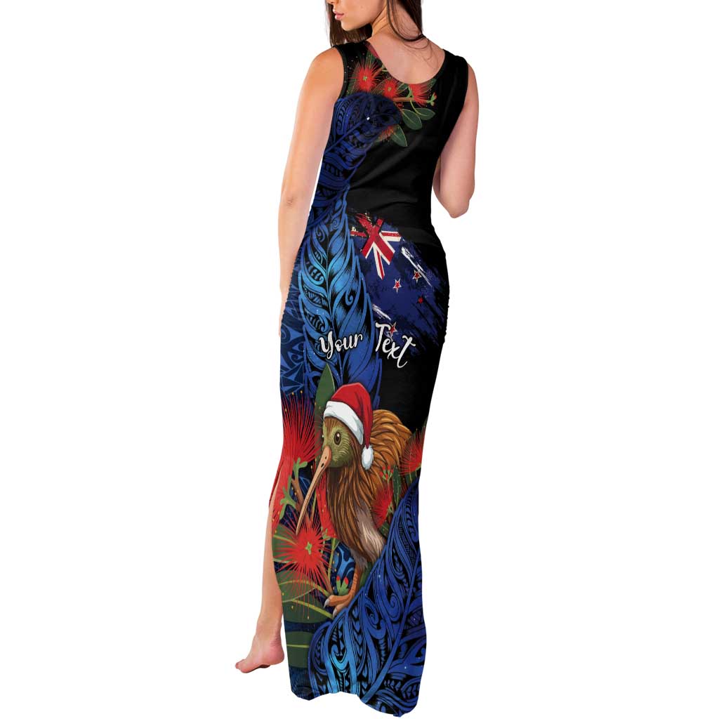 Personalised New Zealand Christmas Tank Maxi Dress Santa Kiwi Bird With Pohutukawa Flowers - Polynesian Pride