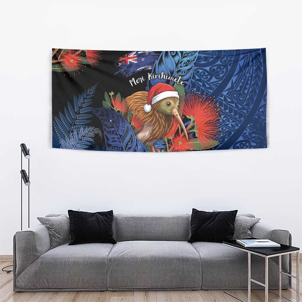 New Zealand Christmas Tapestry Santa Kiwi Bird With Pohutukawa Flowers - Polynesian Pride