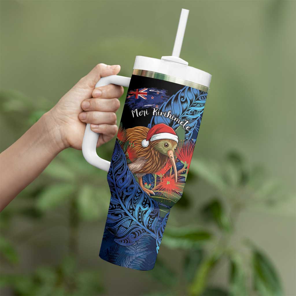 Personalised New Zealand Christmas Tumbler With Handle Santa Kiwi Bird With Pohutukawa Flowers - Polynesian Pride