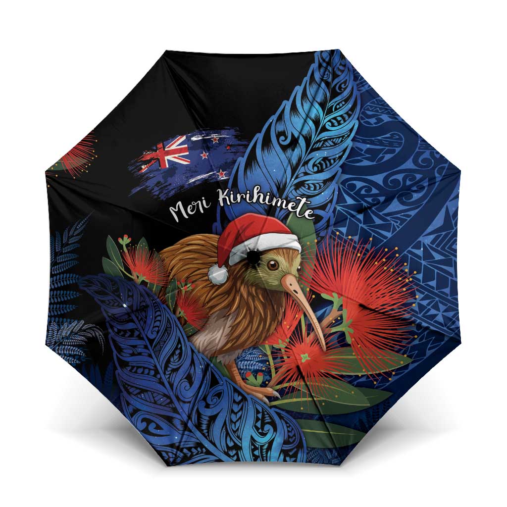 New Zealand Christmas Umbrella Santa Kiwi Bird With Pohutukawa Flowers - Polynesian Pride