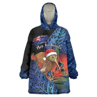 Personalised New Zealand Christmas Wearable Blanket Hoodie Santa Kiwi Bird With Pohutukawa Flowers - Polynesian Pride