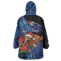Personalised New Zealand Christmas Wearable Blanket Hoodie Santa Kiwi Bird With Pohutukawa Flowers - Polynesian Pride