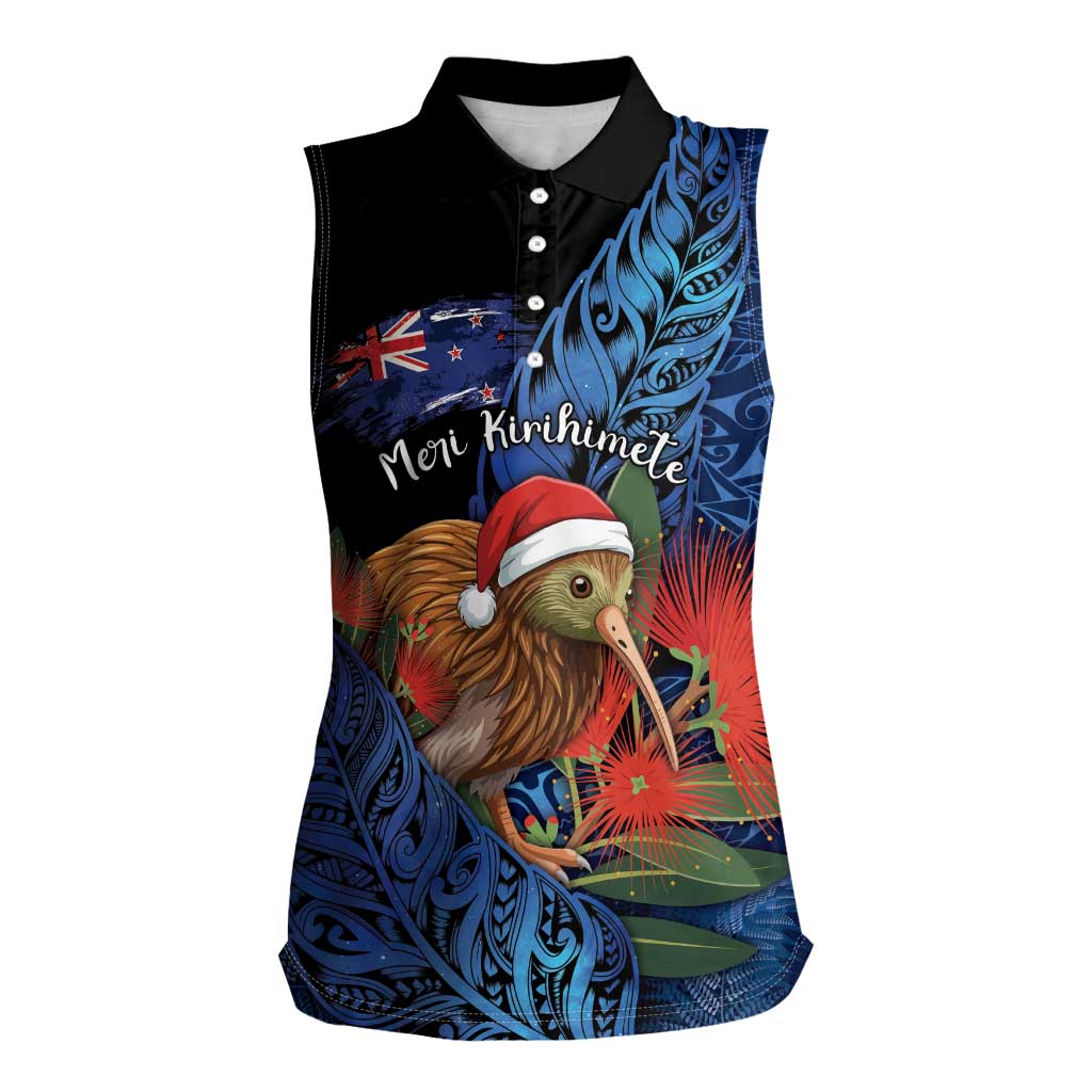 Personalised New Zealand Christmas Women Sleeveless Polo Shirt Santa Kiwi Bird With Pohutukawa Flowers - Polynesian Pride