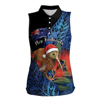 Personalised New Zealand Christmas Women Sleeveless Polo Shirt Santa Kiwi Bird With Pohutukawa Flowers - Polynesian Pride