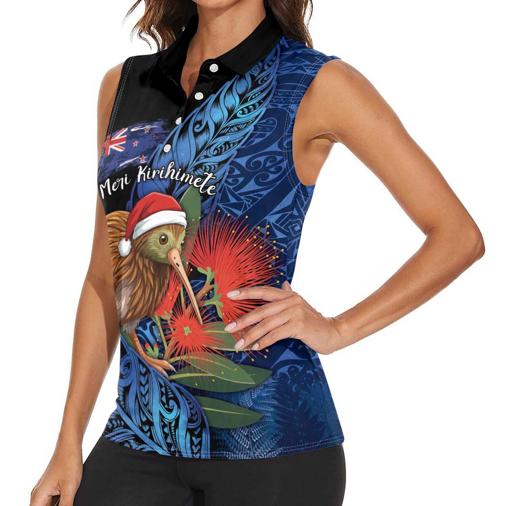 Personalised New Zealand Christmas Women Sleeveless Polo Shirt Santa Kiwi Bird With Pohutukawa Flowers - Polynesian Pride