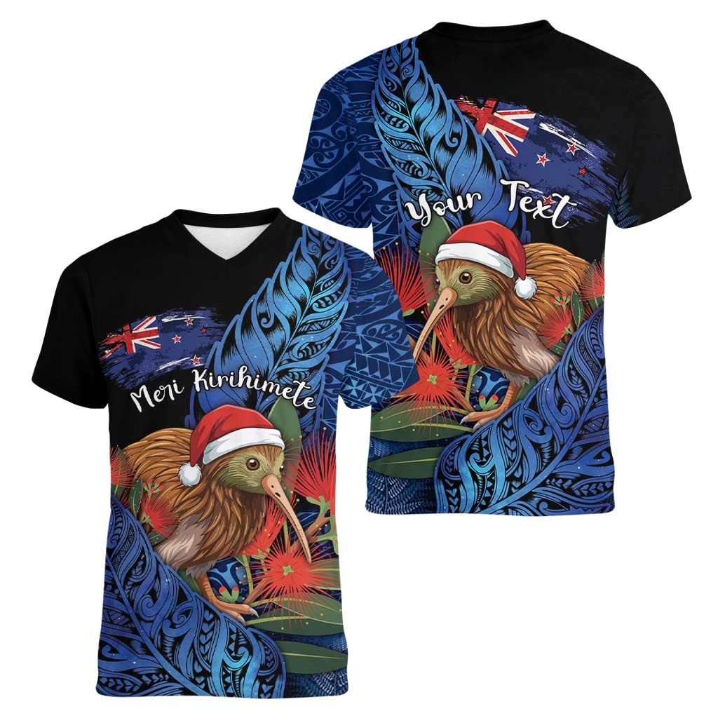 Personalised New Zealand Christmas Women V-Neck T-Shirt Santa Kiwi Bird With Pohutukawa Flowers - Polynesian Pride