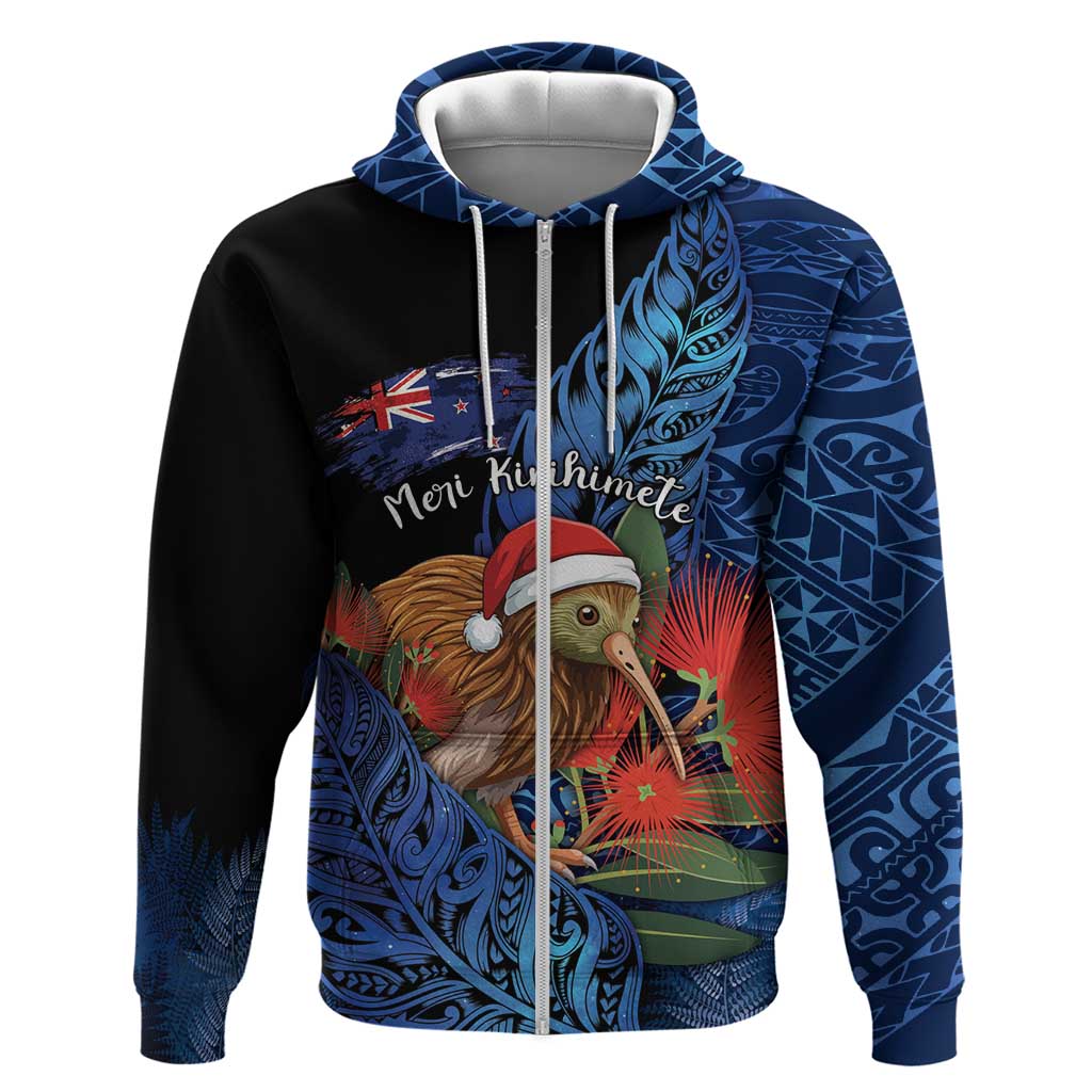 Personalised New Zealand Christmas Zip Hoodie Santa Kiwi Bird With Pohutukawa Flowers - Polynesian Pride