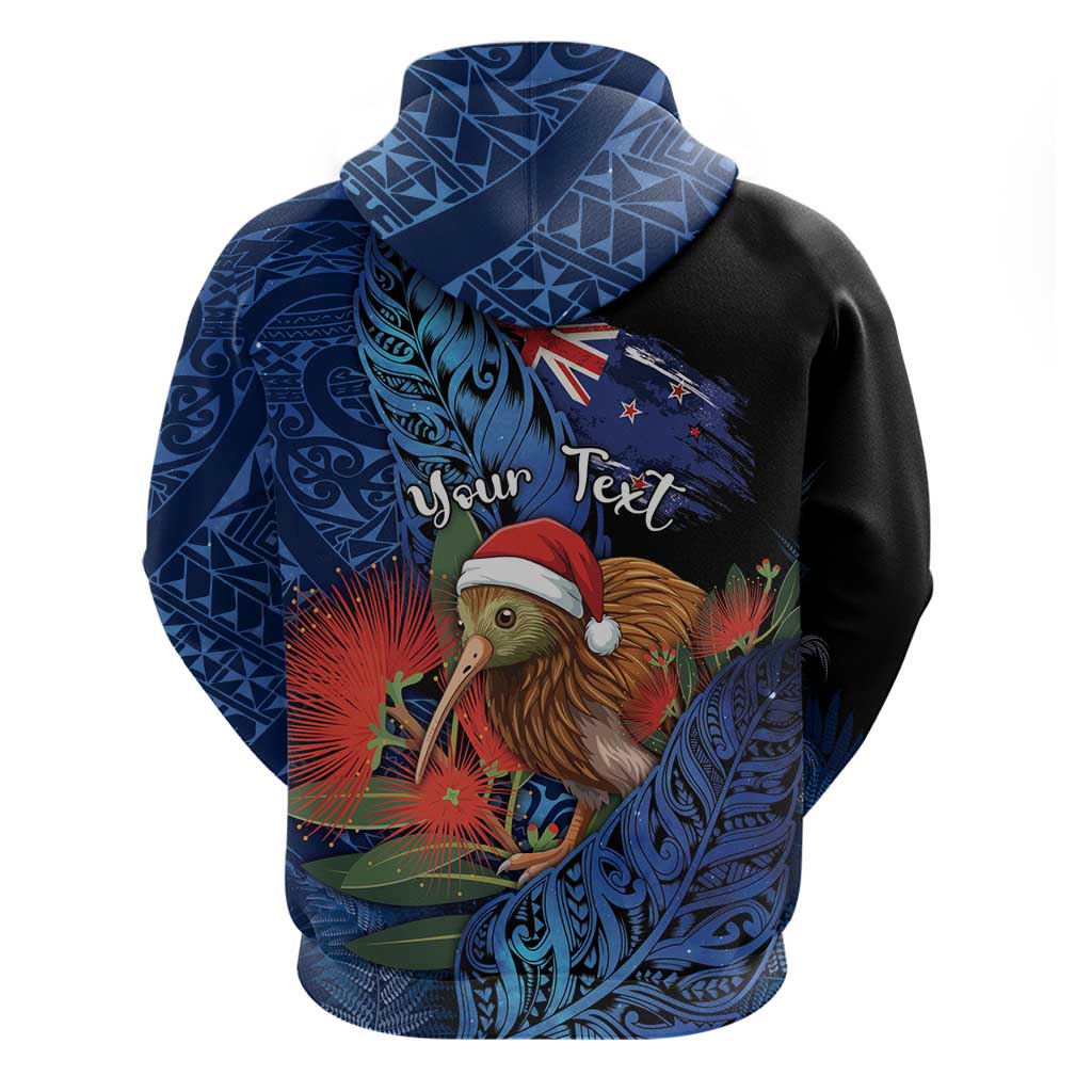 Personalised New Zealand Christmas Zip Hoodie Santa Kiwi Bird With Pohutukawa Flowers - Polynesian Pride