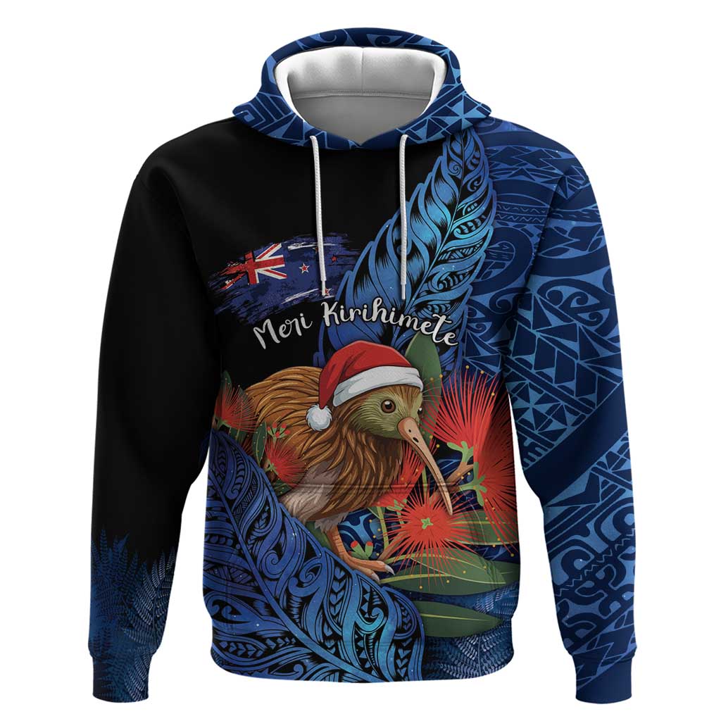 Personalised New Zealand Christmas Zip Hoodie Santa Kiwi Bird With Pohutukawa Flowers - Polynesian Pride