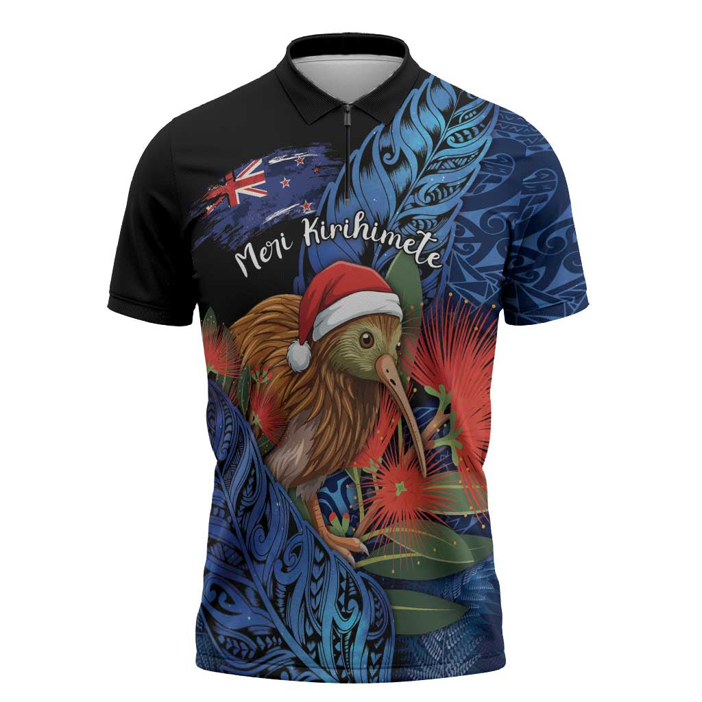 Personalised New Zealand Christmas Zipper Polo Shirt Santa Kiwi Bird With Pohutukawa Flowers - Polynesian Pride