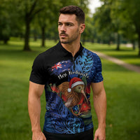 Personalised New Zealand Christmas Zipper Polo Shirt Santa Kiwi Bird With Pohutukawa Flowers - Polynesian Pride