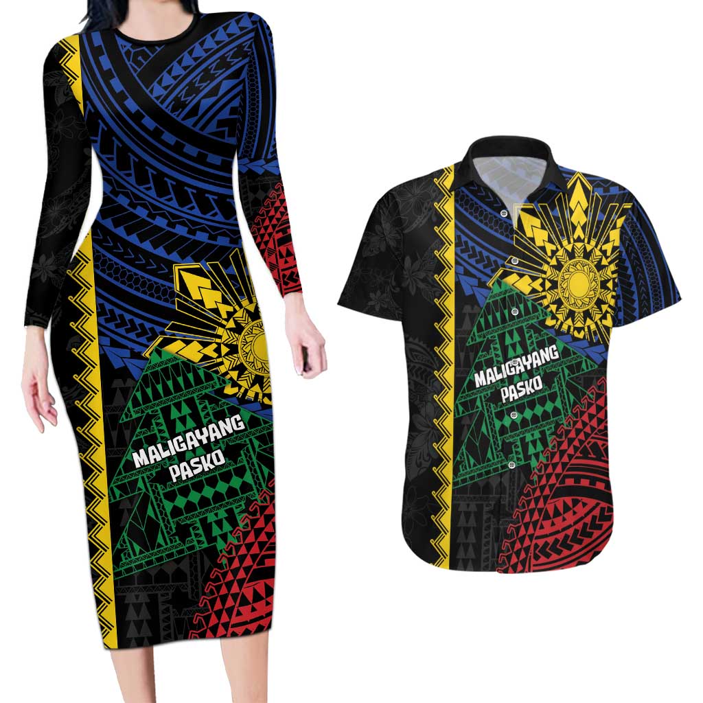 Personalised Philippines Christmas Couples Matching Long Sleeve Bodycon Dress and Hawaiian Shirt Xmas Tree Filipino Tribal Patterns - Polynesian Pride