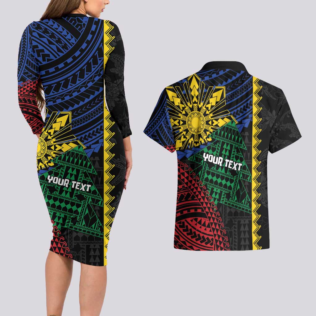 Personalised Philippines Christmas Couples Matching Long Sleeve Bodycon Dress and Hawaiian Shirt Xmas Tree Filipino Tribal Patterns - Polynesian Pride