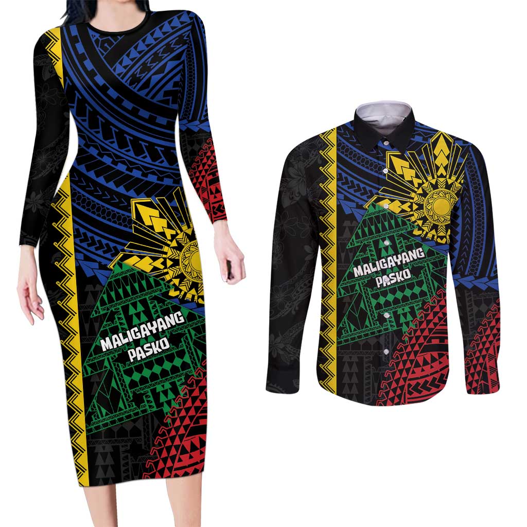 Personalised Philippines Christmas Couples Matching Long Sleeve Bodycon Dress and Long Sleeve Button Shirt Xmas Tree Filipino Tribal Patterns - Polynesian Pride