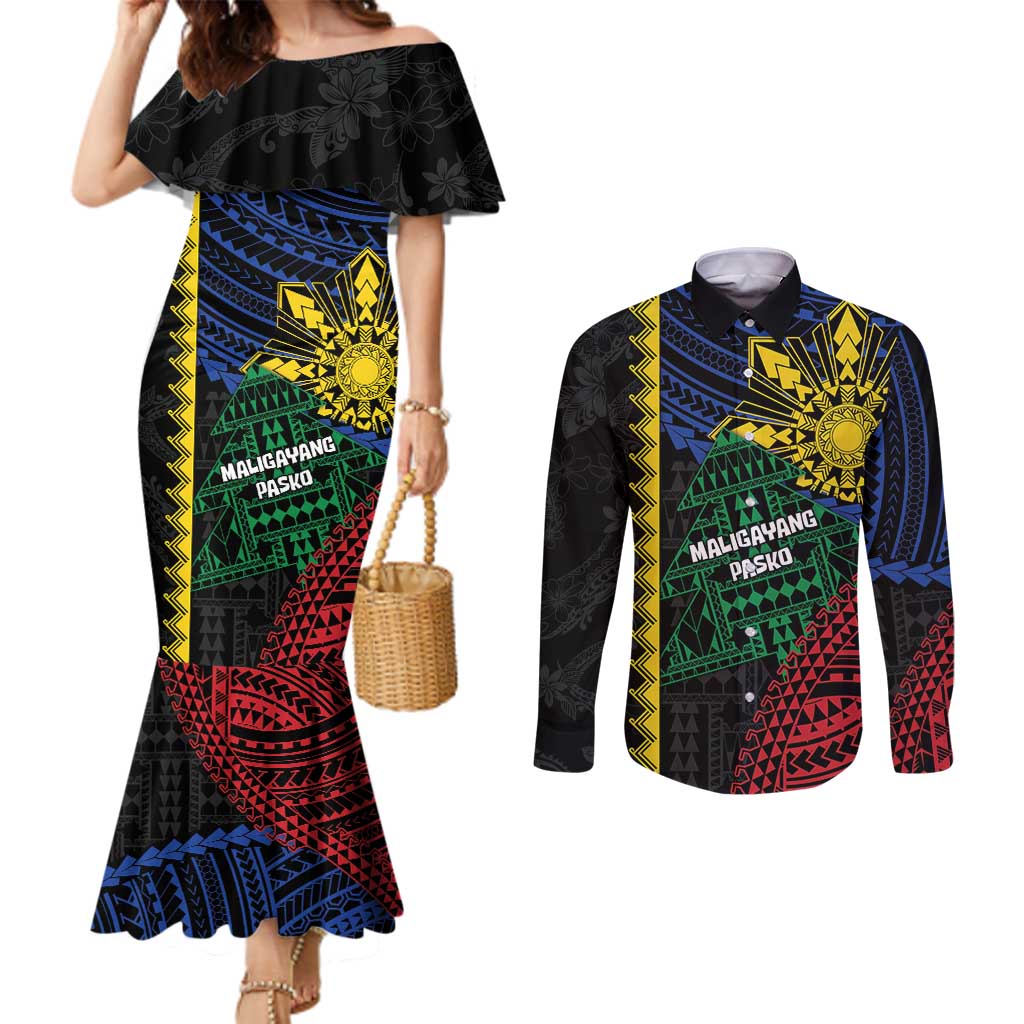Personalised Philippines Christmas Couples Matching Mermaid Dress and Long Sleeve Button Shirt Xmas Tree Filipino Tribal Patterns - Polynesian Pride