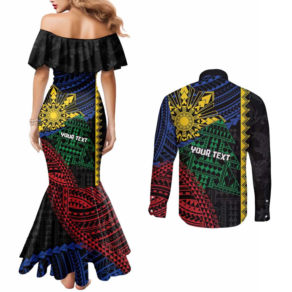 Personalised Philippines Christmas Couples Matching Mermaid Dress and Long Sleeve Button Shirt Xmas Tree Filipino Tribal Patterns - Polynesian Pride