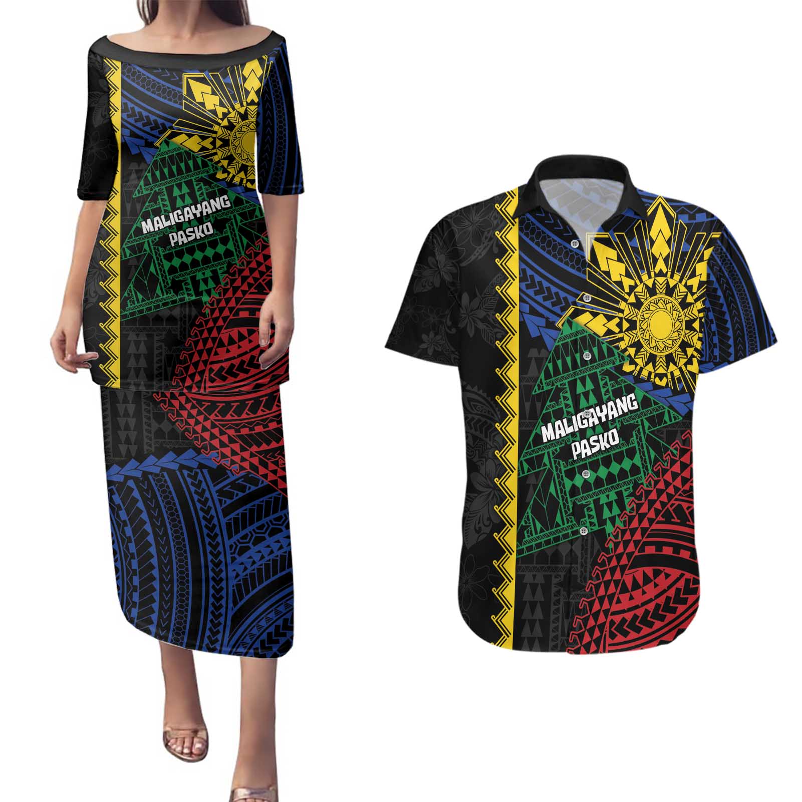Personalised Philippines Christmas Couples Matching Puletasi and Hawaiian Shirt Xmas Tree Filipino Tribal Patterns - Polynesian Pride