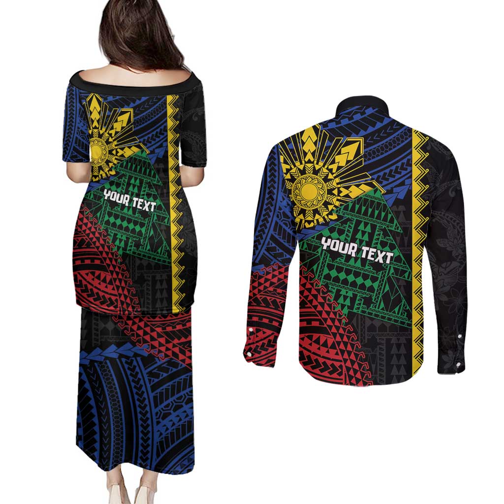 Personalised Philippines Christmas Couples Matching Puletasi and Long Sleeve Button Shirt Xmas Tree Filipino Tribal Patterns - Polynesian Pride