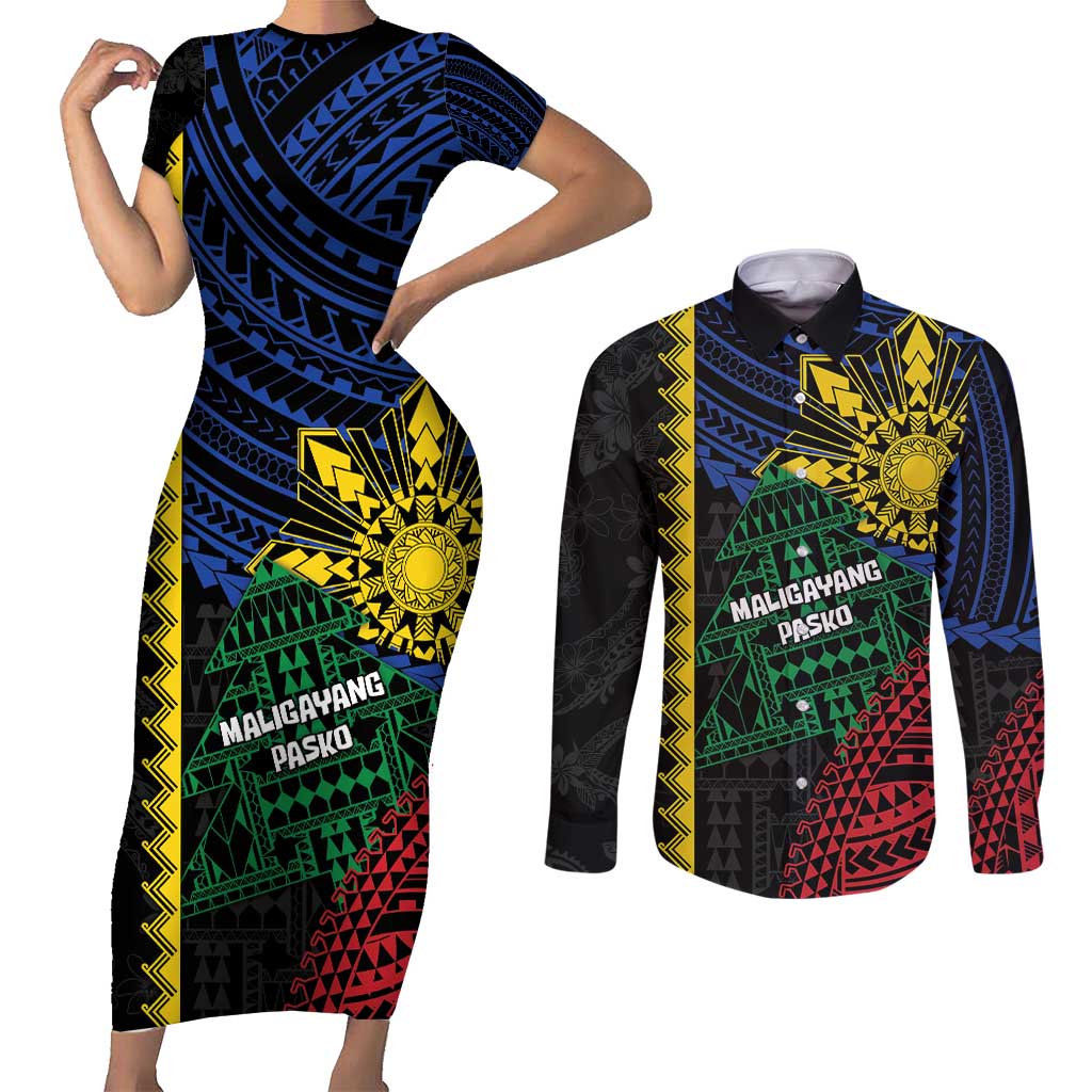 Personalised Philippines Christmas Couples Matching Short Sleeve Bodycon Dress and Long Sleeve Button Shirt Xmas Tree Filipino Tribal Patterns - Polynesian Pride