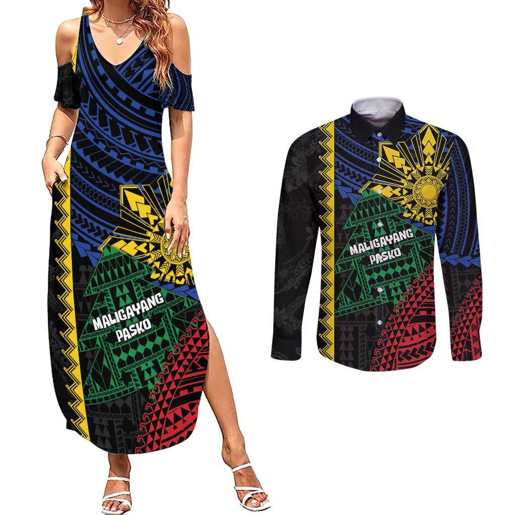 Personalised Philippines Christmas Couples Matching Summer Maxi Dress and Long Sleeve Button Shirt Xmas Tree Filipino Tribal Patterns - Polynesian Pride