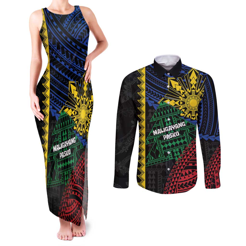 Personalised Philippines Christmas Couples Matching Tank Maxi Dress and Long Sleeve Button Shirt Xmas Tree Filipino Tribal Patterns - Polynesian Pride
