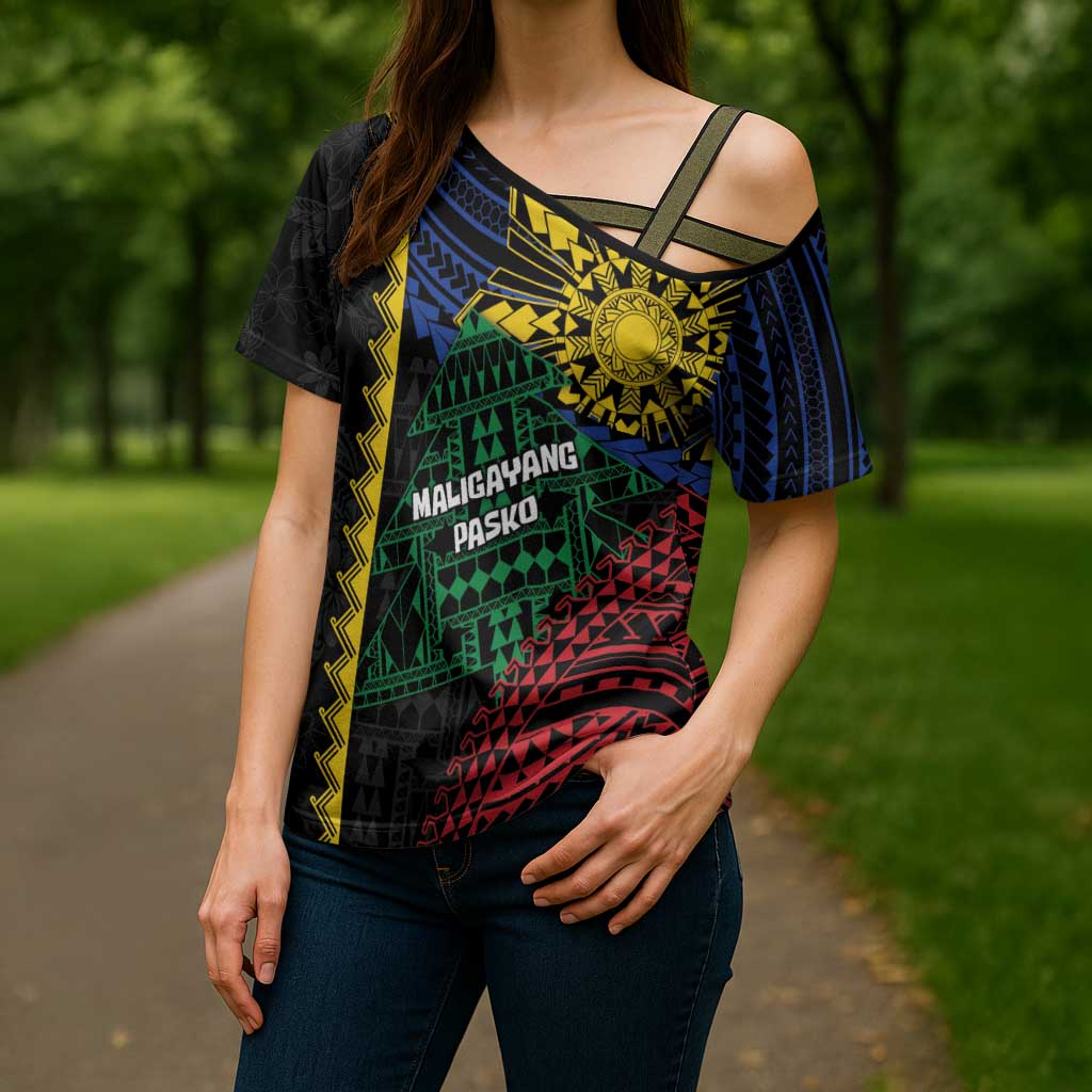 Personalised Philippines Christmas Cross Shoulder Shirt Xmas Tree Filipino Tribal Patterns - Polynesian Pride